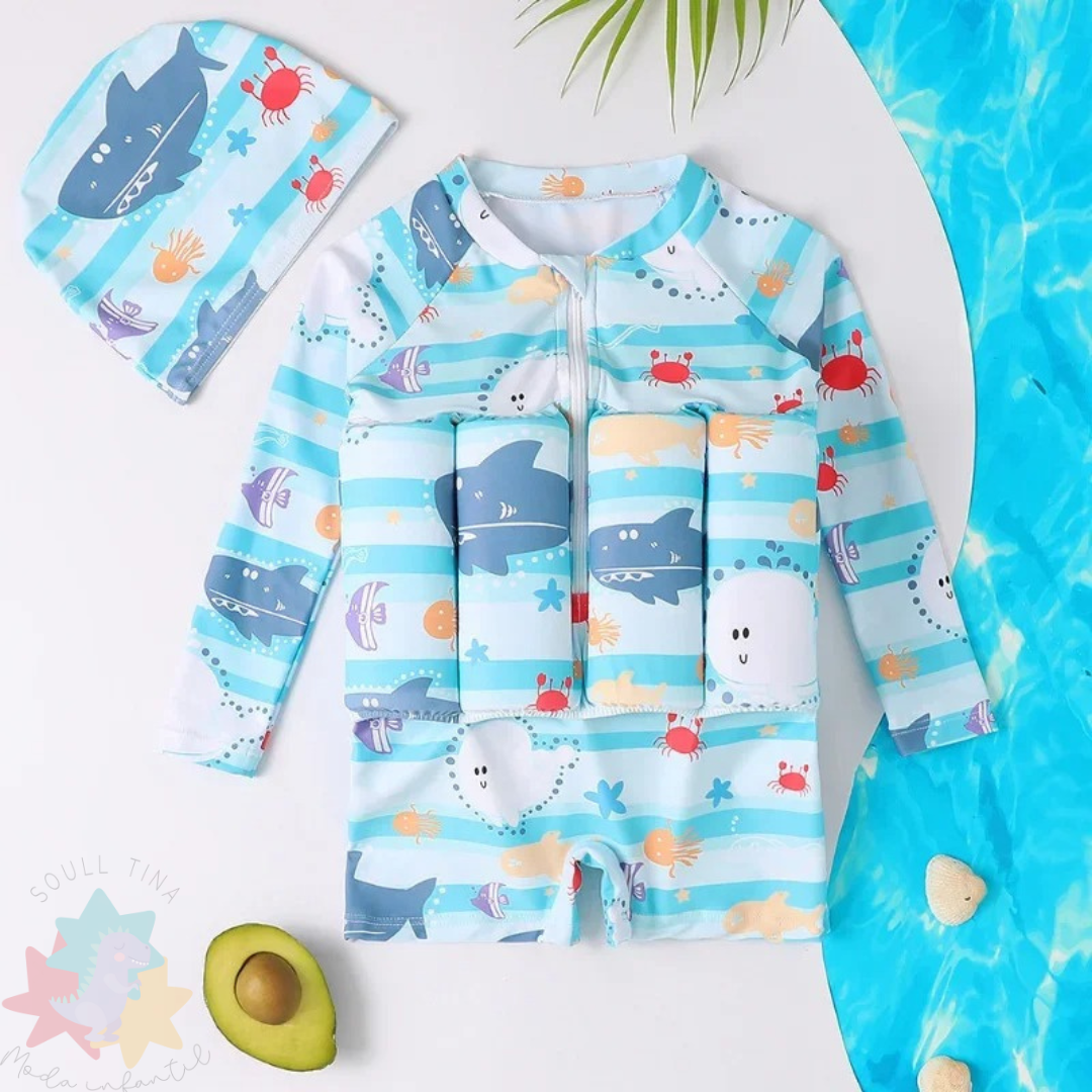 Macaquinho de Flutuação Infantil Unissex Manga Longa - Estampa Fundo do Mar Rosa e AzulMaiô Bebê Verão Loja de Moda Praia Infantil Soull Tina