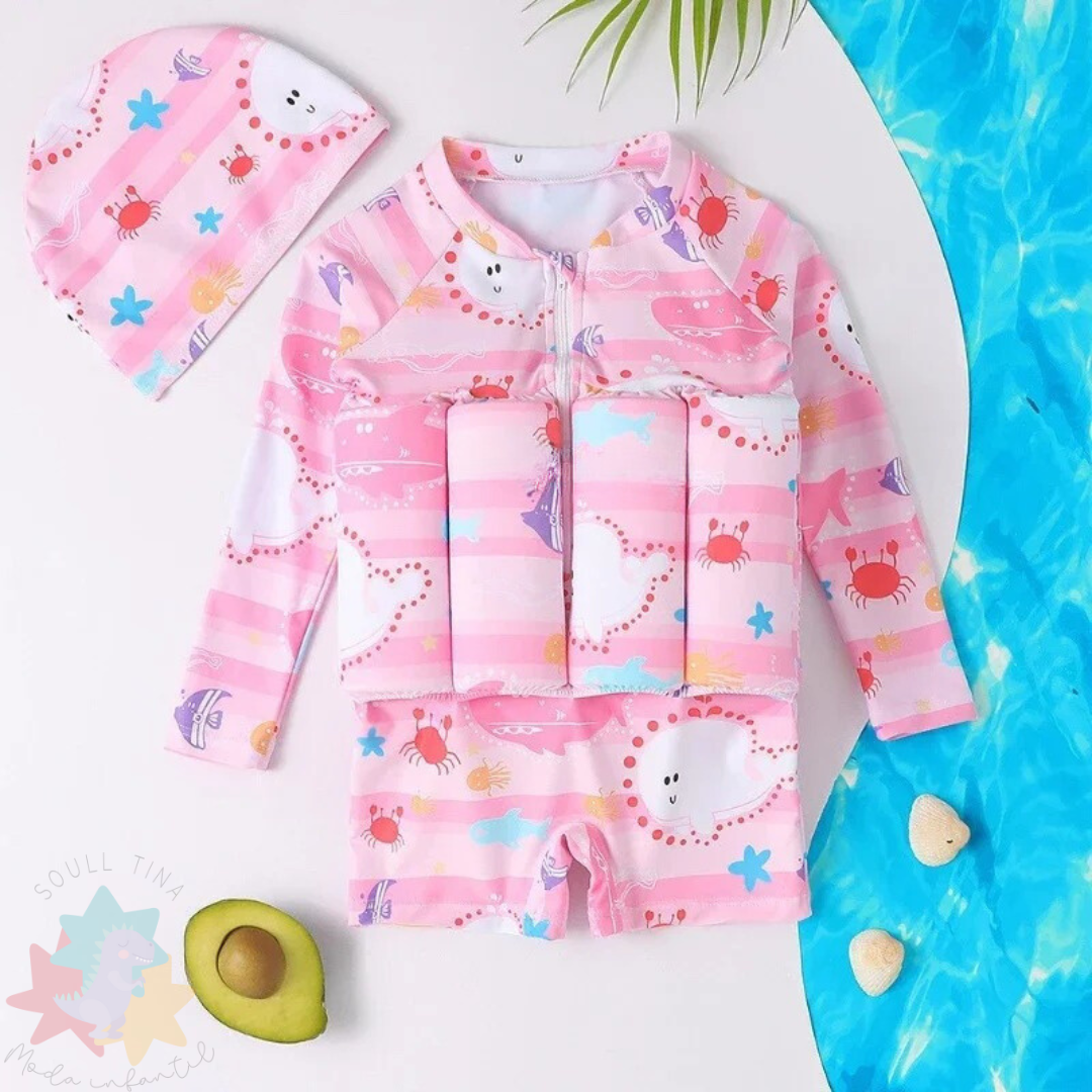 Macaquinho de Flutuação Infantil Unissex Manga Longa - Estampa Fundo do Mar Rosa e AzulMaiô Bebê Verão Loja de Moda Praia Infantil Soull Tina