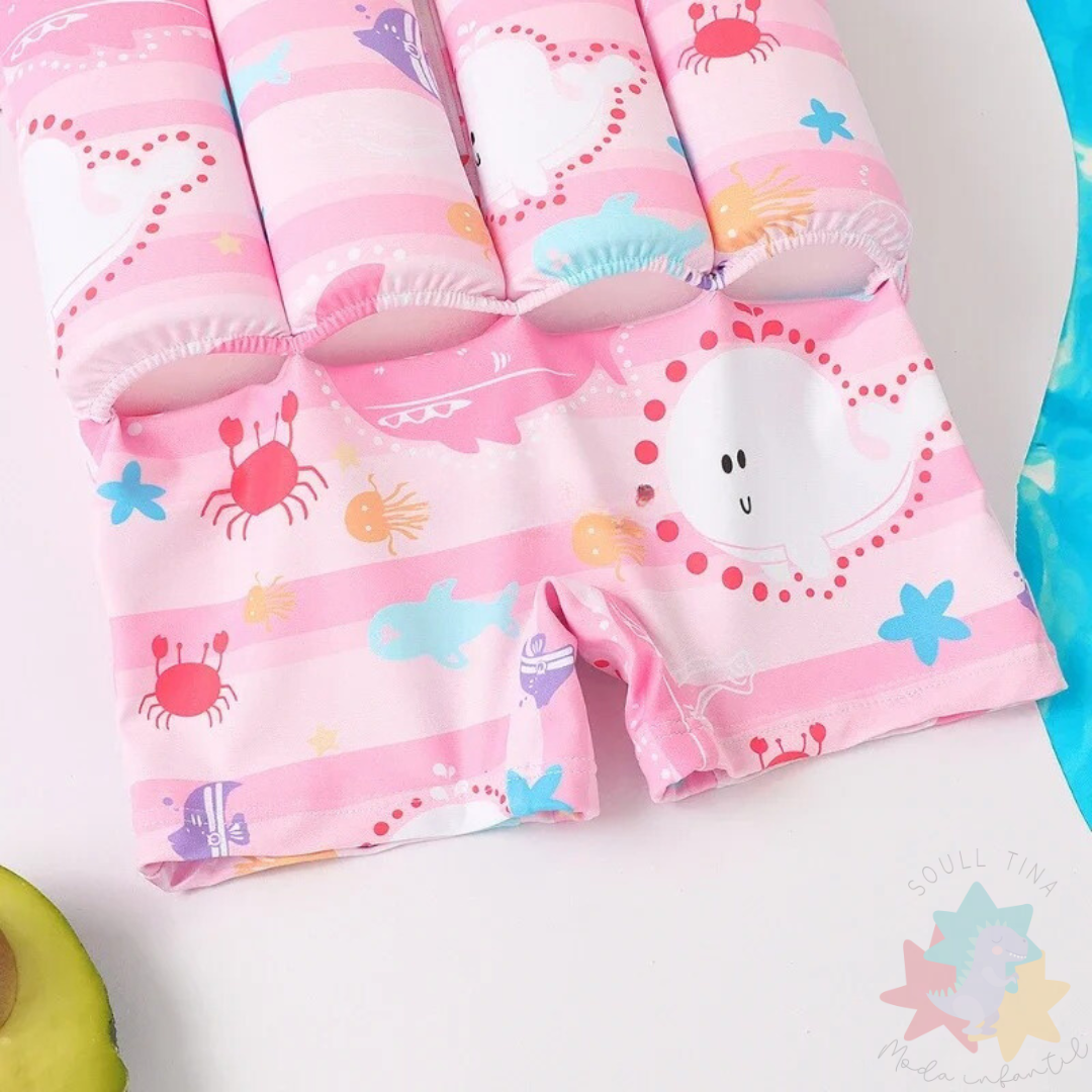 Macaquinho de Flutuação Infantil Unissex Manga Longa - Estampa Fundo do Mar Rosa e AzulMaiô Bebê Verão Loja de Moda Praia Infantil Soull Tina