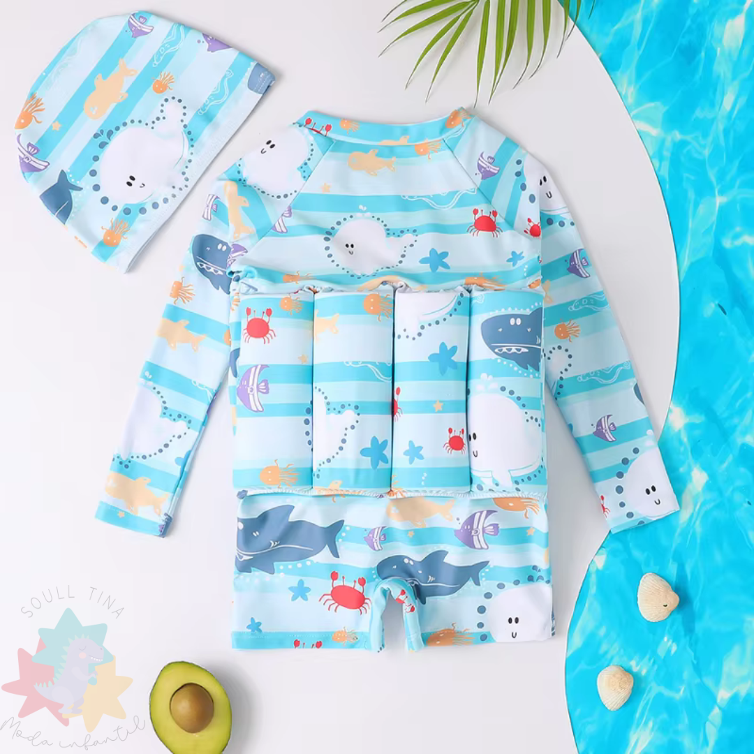 Macaquinho de Flutuação Infantil Unissex Manga Longa - Estampa Fundo do Mar Rosa e AzulMaiô Bebê Verão Loja de Moda Praia Infantil Soull Tina