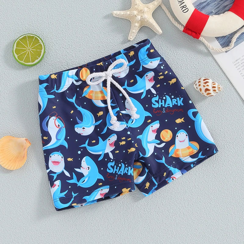 Trengren-calções de banho para crianças, desenho animado tubarão, cintura elástica, shorts, roupas infantis, roupas infantis