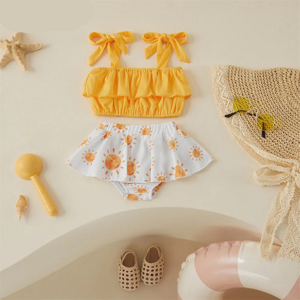 Tregren-swimwear bonito do verão para o bebê menina, top curto com cinta e babados tutu shorts, beachwear para 0-3 anos