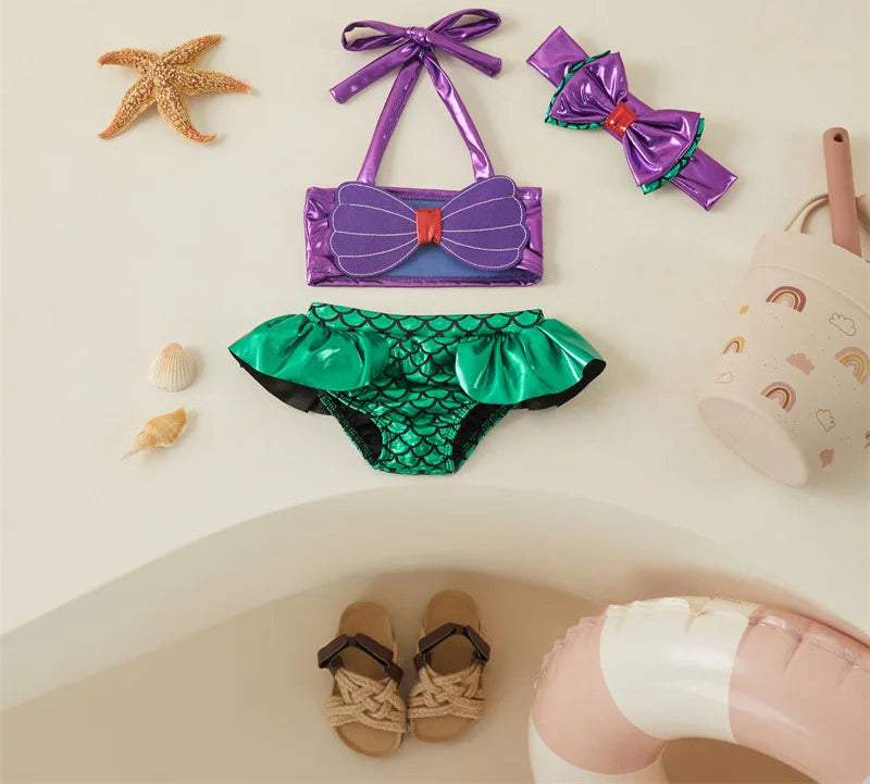 Tregren criança crianças menina sereia biquinis definir verão beachwear halter topo banho de natação piscina com bandana