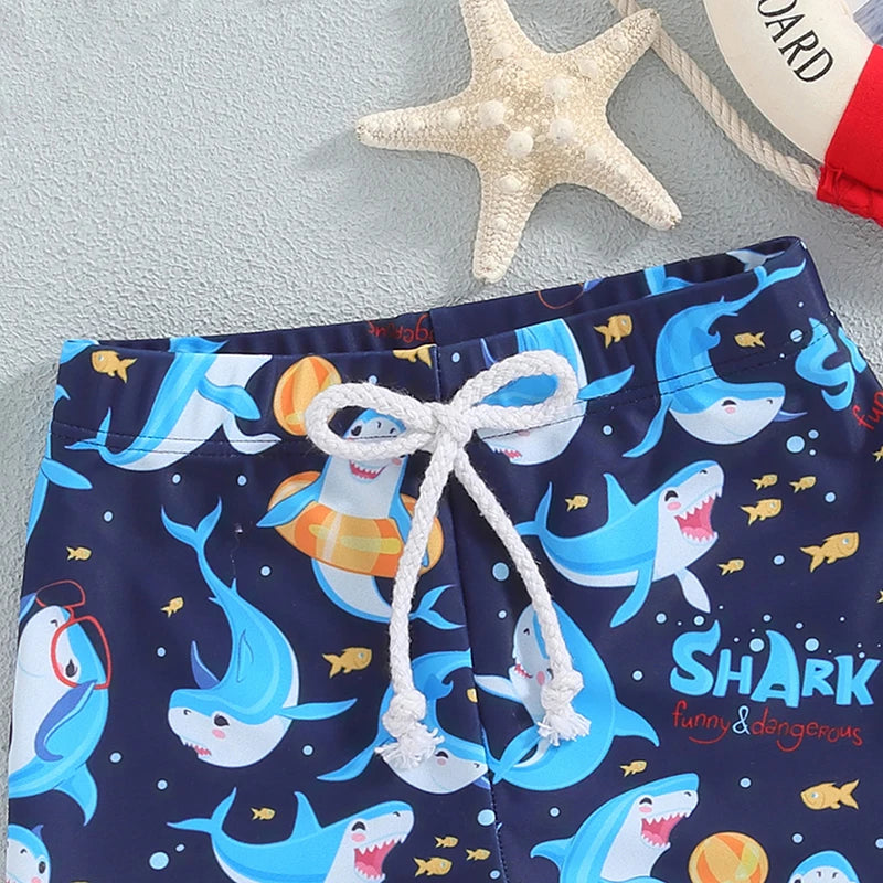 Trengren-calções de banho para crianças, desenho animado tubarão, cintura elástica, shorts, roupas infantis, roupas infantis