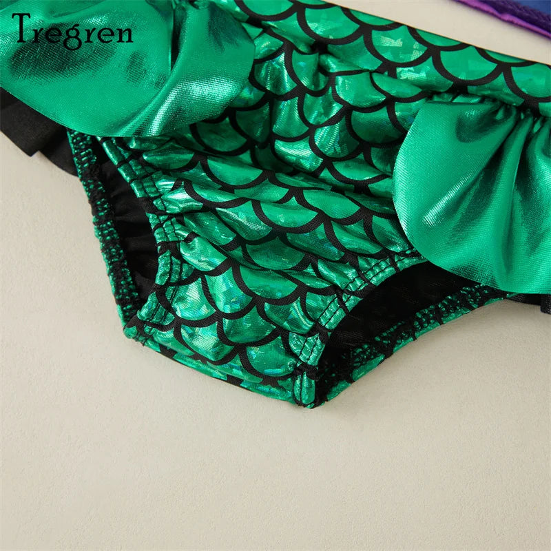Tregren criança crianças menina sereia biquinis definir verão beachwear halter topo banho de natação piscina com bandana