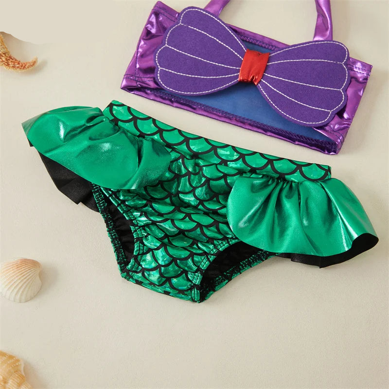 Tregren criança crianças menina sereia biquinis definir verão beachwear halter topo banho de natação piscina com bandana