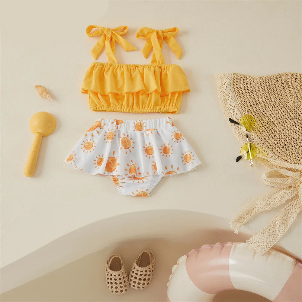 Tregren-swimwear bonito do verão para o bebê menina, top curto com cinta e babados tutu shorts, beachwear para 0-3 anos