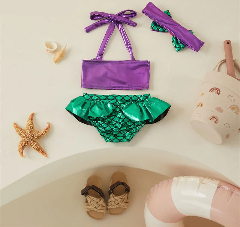 Tregren criança crianças menina sereia biquinis definir verão beachwear halter topo banho de natação piscina com bandana