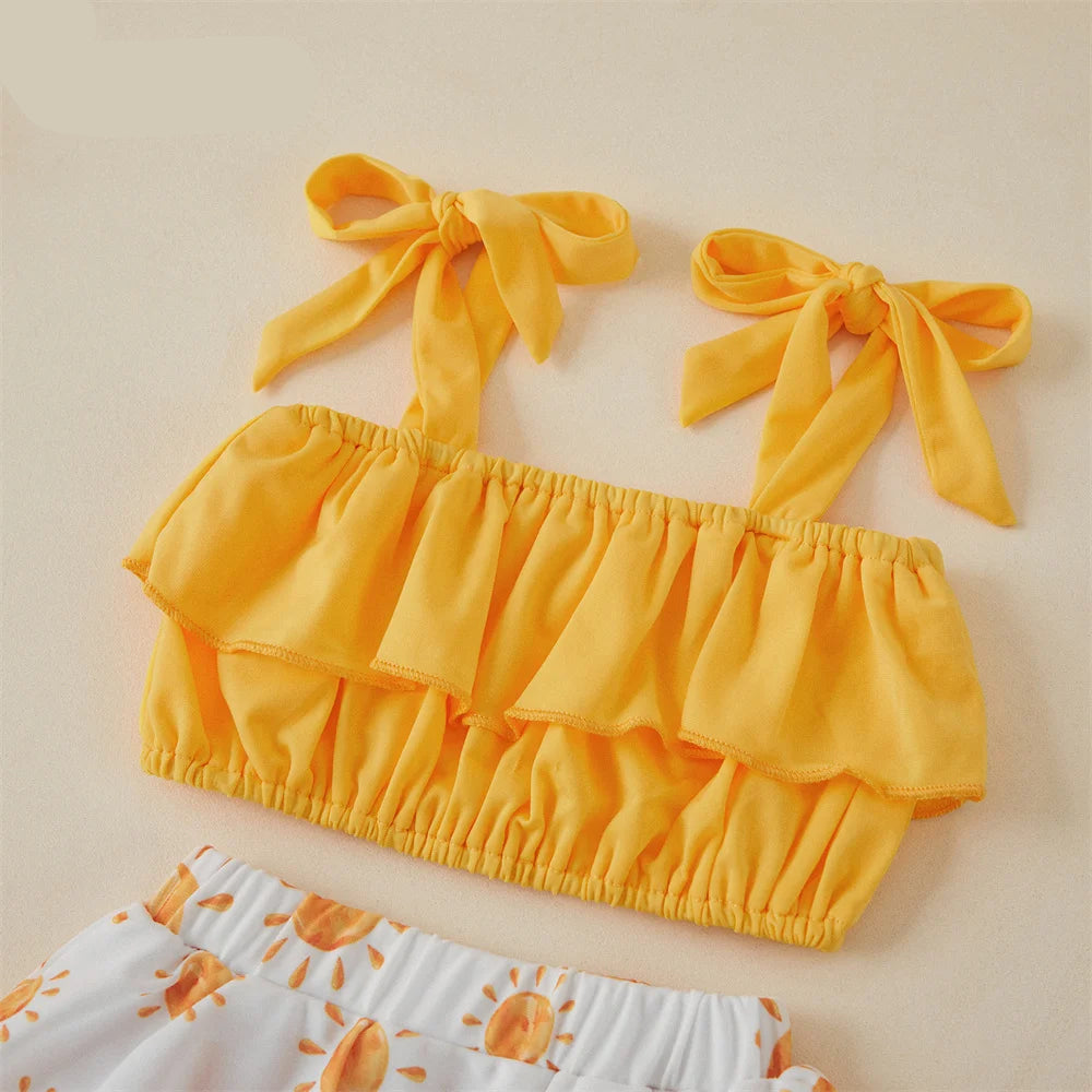 Tregren-swimwear bonito do verão para o bebê menina, top curto com cinta e babados tutu shorts, beachwear para 0-3 anos
